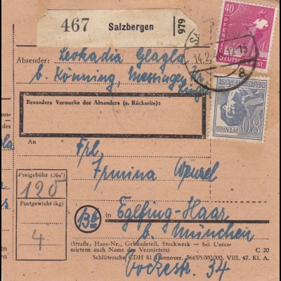 Paketkarte 1948: Salzbergen nach Eglfing-Haar