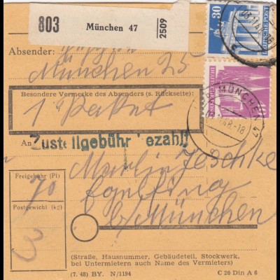BiZone Paketkarte 1948: München 47 nach Eglfing b. München