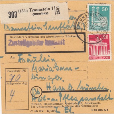 BiZone Paketkarte 1948: Traunstein nach Haar, Heilanstalt