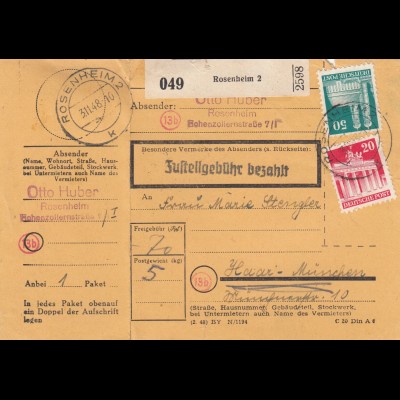BiZone Paketkarte 1948: Rosenheim 2 nach Haar b. München