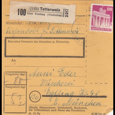 BiZone Paketkarte 1948: Tettenweis nach Eglfing, Wäscherei