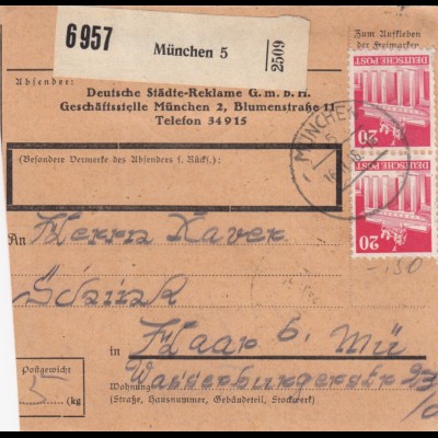 BiZone Paketkarte 1948: München nach Haar b. München, Selbstbucherkarte