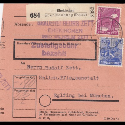 Paketkarte 1948: Ehekirchen nach Eglfing, Heil- und Pflegeanstalt