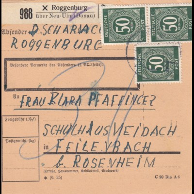 Paketkarte 1947: Roggenburg nach Feilnbach
