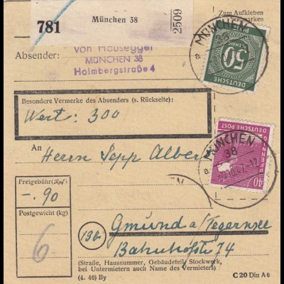 Paketkarte 1947: München nach Gmund, Wertkarte 
