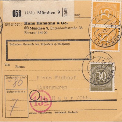 BiZone Paketkarte 1947: München nach Haar, Selbstbucherkarte
