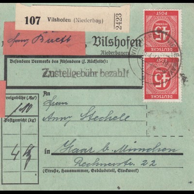 Paketkarte 1948: Vilshofen nach Haar, seltenes Formular, Selbstbucher