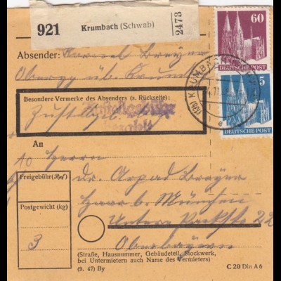 BiZone Paketkarte 1948: Krumbach nach Haar b. München