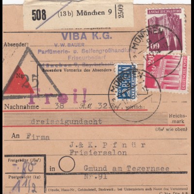 BiZone Paketkarte 1948: München 9 nach Gmund am Tegernsee