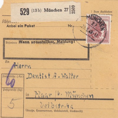 Paketkarte 1948: München 27 nach Haar bei München