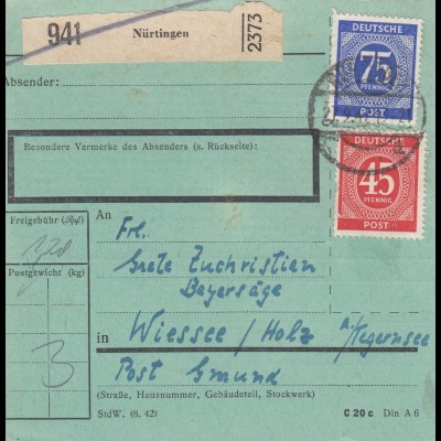 Paketkarte 1947 Nürtingen nach Wiessee/Holz, Tegernsee, seltenes Formular