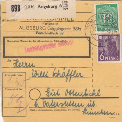 Paketkarte 1948: Augsburg nach Gut Ottendich bei Vaterstetten