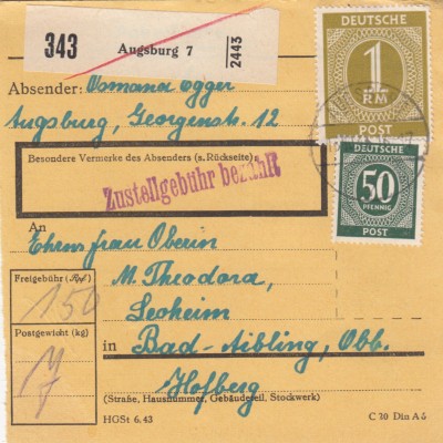 Paketkarte 1946: Augsburg nach Bad-Aibling, Hofberg