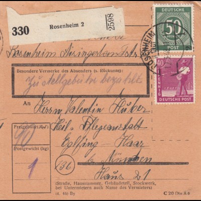 Paketkarte 1948: Rosenheim nach Eglfing Haar, Heil- u. Pflegeanstalt