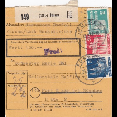 BiZone Paketkarte 1948: Füssen nach Haar, Heilanstalt, Baronesse