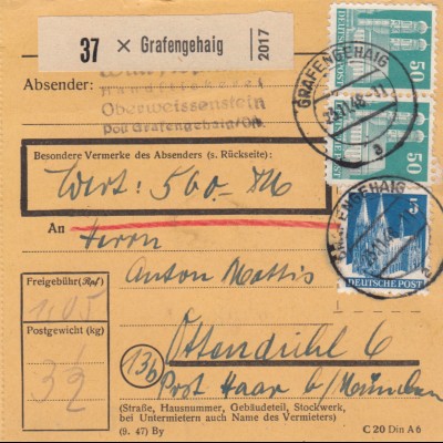 BiZone Paketkarte 1948: Grafengehaig nach Haar, Wertkarte