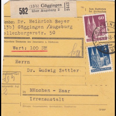 BiZone Paketkarte 1948: Göggingen nach Haar, Irrenanstalt