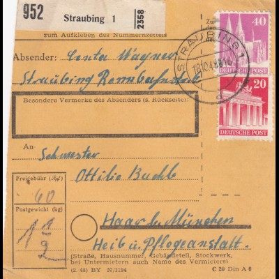 BiZone Paketkarte 1948: Straubing nach Haar, Pflegeanstalt