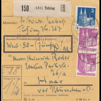BiZone Paketkarte 1948: Tutzing nach Haar, Wertkarte