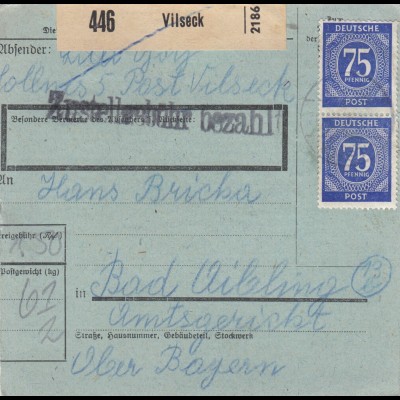 Paketkarte: Vilseck nach Bad Aibling, Amtsgericht, seltenes Formular