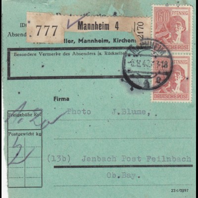Paketkarte 1947: Mannheim nach Jenbach, seltenes Formular