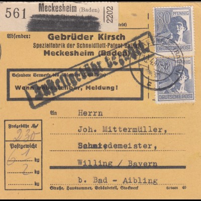 Paketkarte 1947: Meckesheim nach Willing, Selbstbucher, Gebr. Kirsch