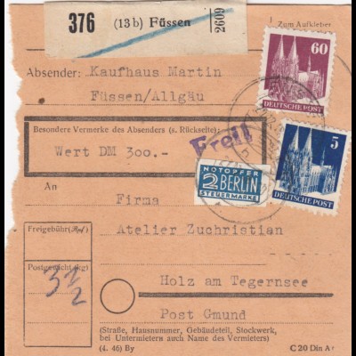 BiZone Paketkarte 1948: Füssen, Kaufhaus Martin, nach Holz, Notopfer