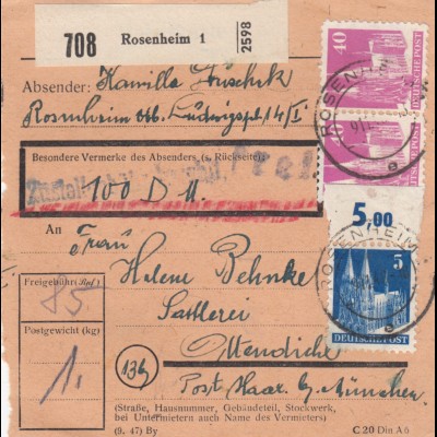 BiZone Paketkarte 1948: Rosenheim nach Ottendichl, Wertkarte 100 DM