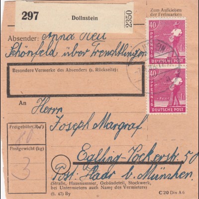 Paketkarte 1948: Schönfeld/Dollnstein nach Haar Eglfing