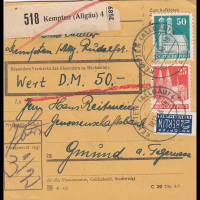 BiZone Paketkarte 1948: Kempten nach Gmund am Tegernsee, Wertkarte