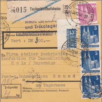 Paketkarte 1948: Tauberbischofsheim nach Post Gmund, Wertkarte, Notopfer Eckrand