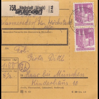 BiZone Paketkarte 1948: Warmersdorf Höchstadt nach Haar, Kinderhaus