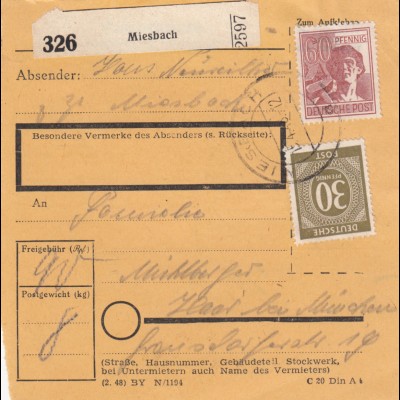 Paketkarte 1948: Miesbach nach Haar