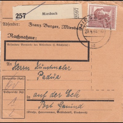 Paketkarte 1948: Miesbach nach Post Gmund, Selbstbucher
