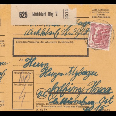 Paketkarte 1948: Mühldorf nach Eglfing, München-Ost
