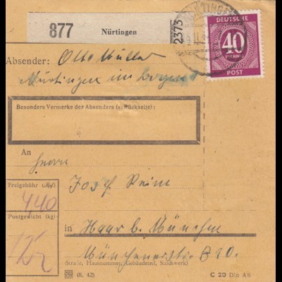 Paketkarte 1947: Nürtingen nach Haar bei München