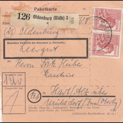 Paketkarte 1948: Oldenburg nach Hart über Mühldorf, Leergut