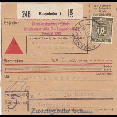 Paketkarte 1947: Rosenheim nach Haar, Nachnahme