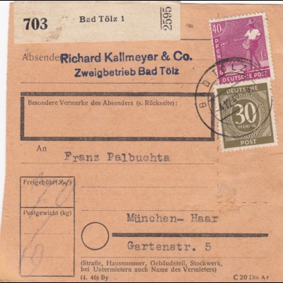 Paketkarte 1947: Bad Tölz nach München-Haar