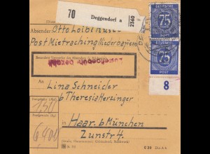Paketkarte 1947: Post Mietraching, Deggendorf nach Haar