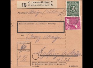 Paketkarte 1948: Unterneukirchen über Mühldorf nach Eglfing