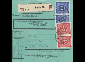 Paketkarte 1948: Berlin n. München, AlfaDruck, bes. Formular, Selbstbuch.