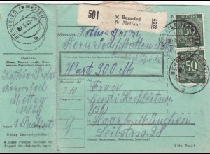 Paketkarte 1948: Bernried nach Haar, Wertkarte, besonderes Formular
