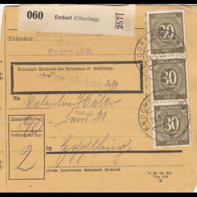 Paketkarte 1948: nach Gräfelfing von Endorf