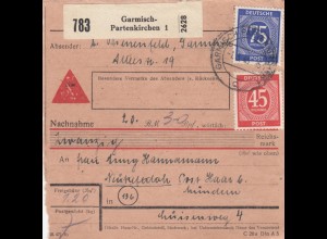 Paketkarte 1948: Garmisch-Patenkirchen nach Neukeferloh, Nachnahme