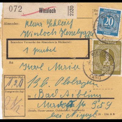 Paketkarte 1948: Wiesloch nach Bad Aibling