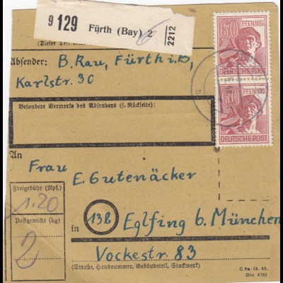 Paketkarte 1948: Fürth nach Eglfing b. München