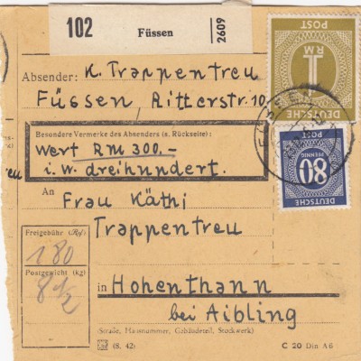 Paketkarte 1946: Füssen nach Hohenthann, Wertkarte 300 RM