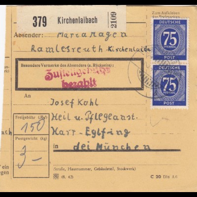 Paketkarte 1948: Kirchenlaibach nach Haar-Eglfing
