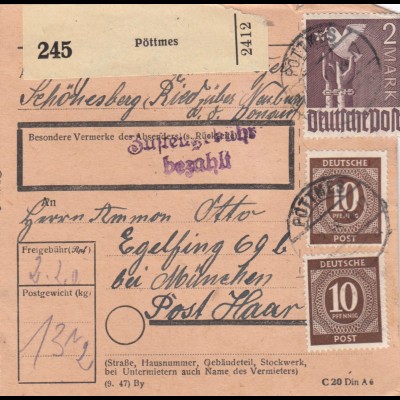 Paketkarte 1948: Pöttmes Schönesberg Ried nach Eglfing